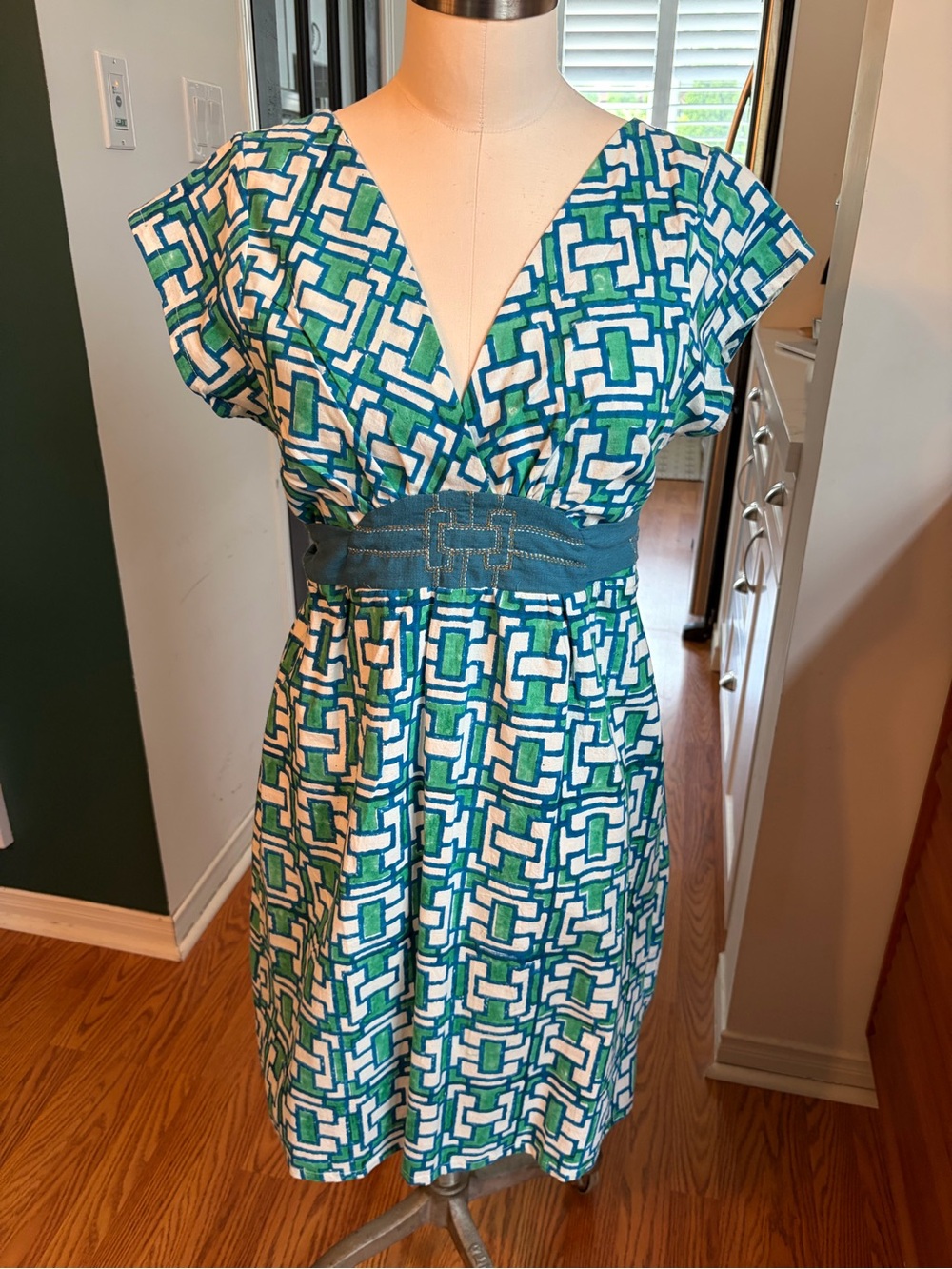 Mata Traders Teal, Green & White Geometric V-Neck cotton Dress